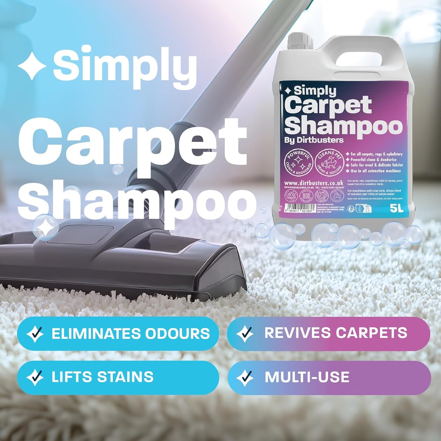 Dirtbusters Simply Carpet Cleaner Shampoo (5L) Powerful Carpet Cleaner Solution To Clean All Soiling & Eliminate Odour, Urine & Remove Stains, For Carpet Shampoo Machines