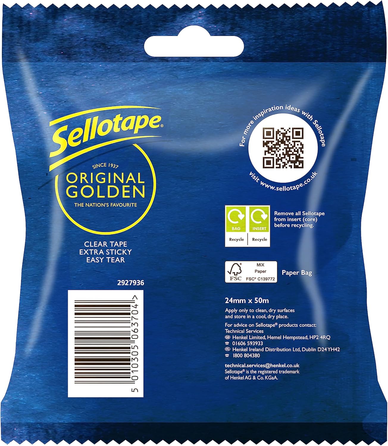 Sellotape Original Golden, Multi-Purpose Clear Tape for Household Objects, Clear Packing Tape for Sticking Envelopes or Cards, Easy to Use Packaging Tape, 24mmx50m