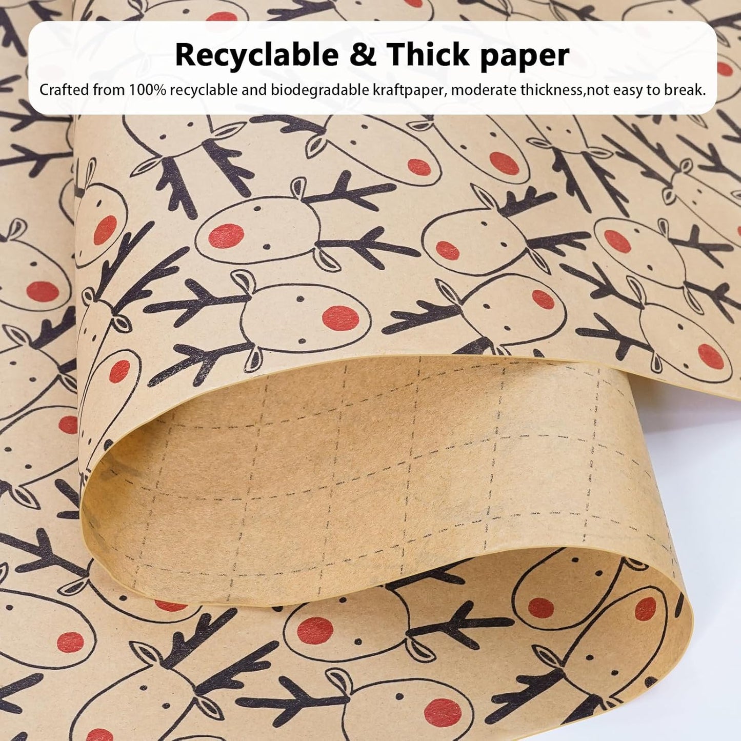 Koncci 3 x 5M Christmas Wrapping Paper, 60cm x 5m Festive Elk Pattern Kraft Gift Wrapping Paper, Recyclable Xmas Wrapper for Christmas, Party, Festive Decorations (Brown Blue Red)