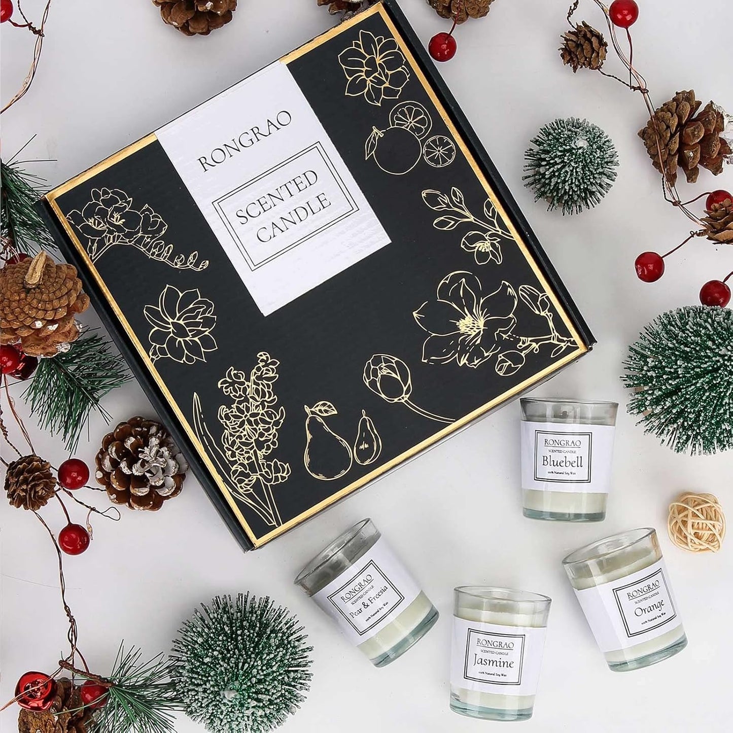 Scented Candles Gift Set, Soy Wax Candle of Jasmine, Pear & Freesia, Orange, Bluebell, Perfect for Women, Birthday, Bath Yoga, Weddings, Christmas, Mother’s Day, Valentine’s Day