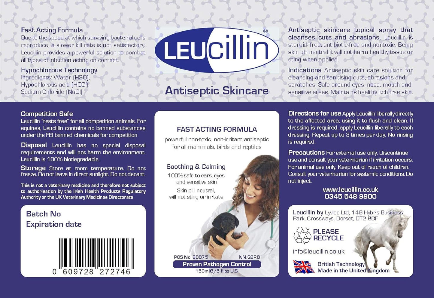 Leucillin Natural Antiseptic Spray - Antibacterial Antifungal Antiviral for Dogs Cats All Animals Itchy Skin Minor Wound Care and Skin Health | 150ml