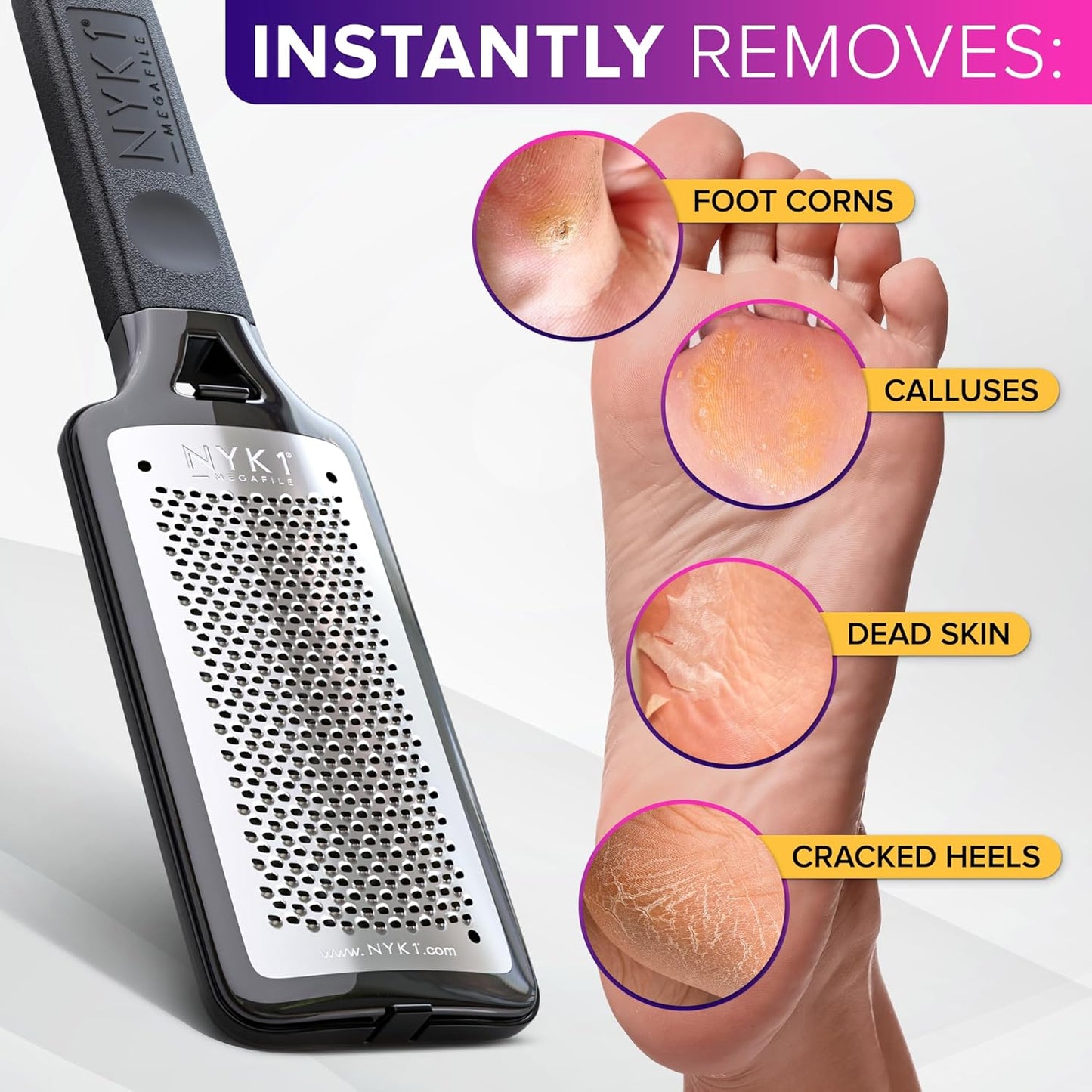NYK1 MEGAFILE Rustproof Foot File with Catcher (XL Size) – High-Performance Foot Care Tool for Wet & Dry Use – Textured Grip for Non-Slip Control
