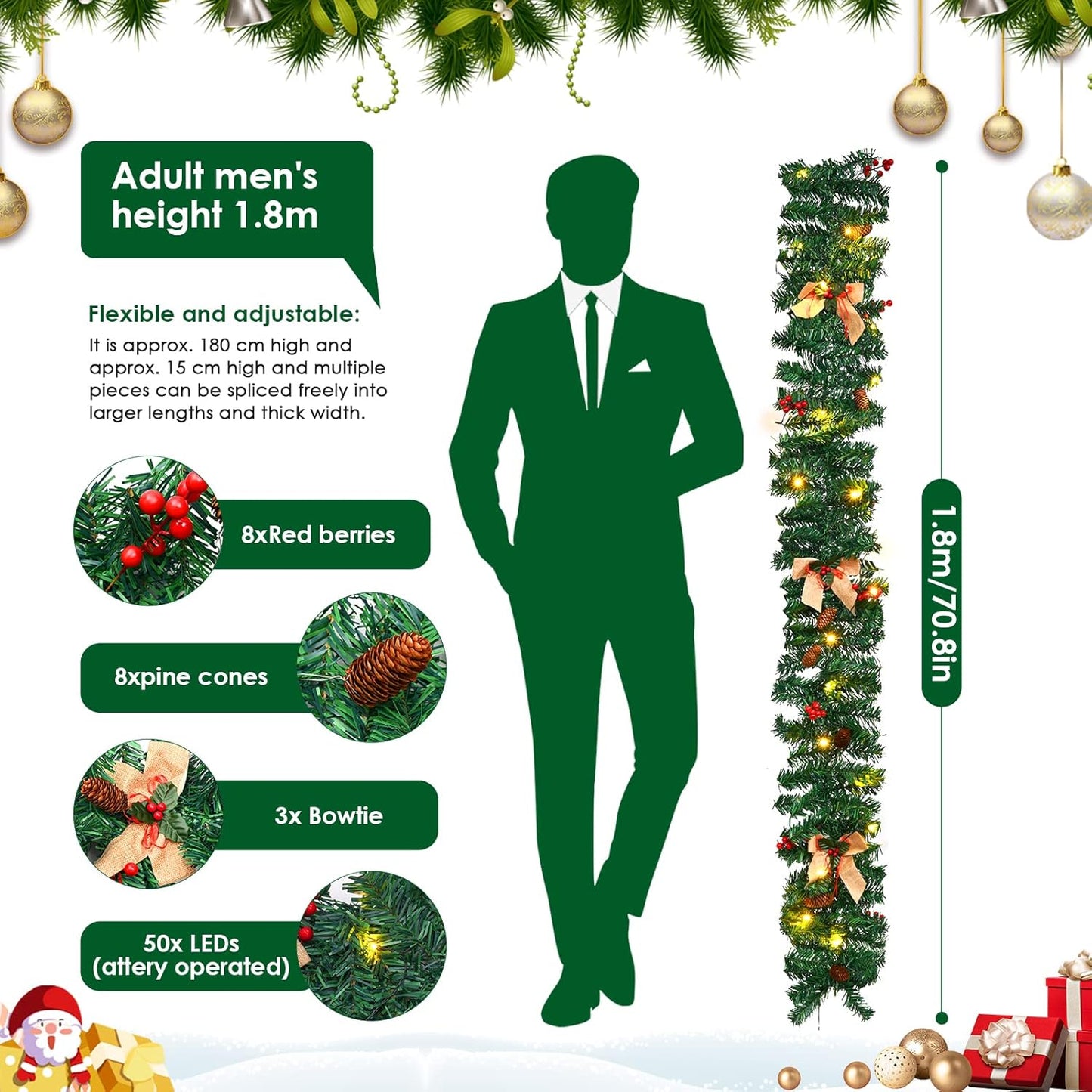 1.8M/6FT Christmas Garland with Lights, Christmas Garlands for Fireplace Stairs Artificial Wreath with 50 LED Lights and Bow Pine Cones Berries for Xmas Tree Front Door Home Holiday Decor