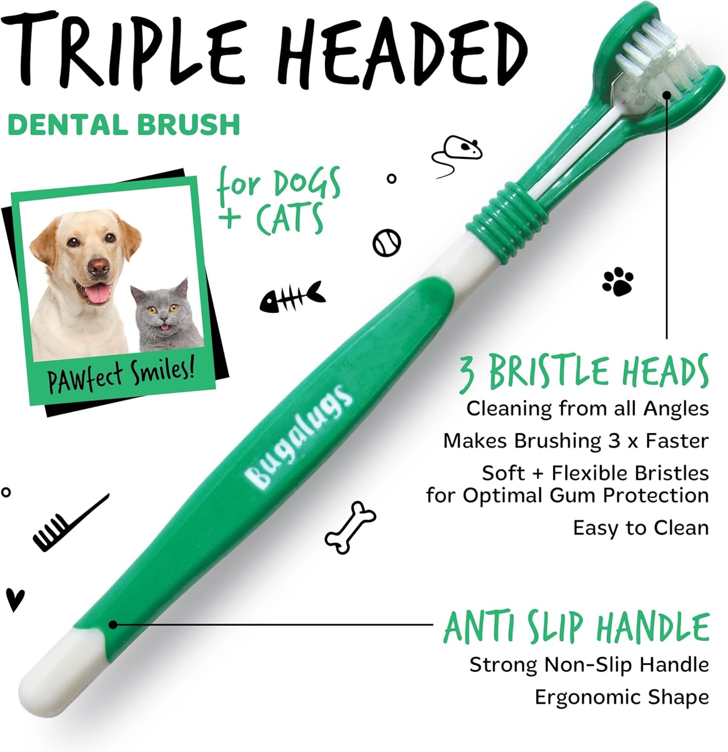 Bugalugs Dog Toothbrush and Toothpaste Kit Includes Cats & Dog Toothpaste, 2 x Finger Cat Toothbrush, 1 x Dog Toothbrush Dog Teeth Cleaning Products for Dog Plaque Remover & Dog Breath Freshener