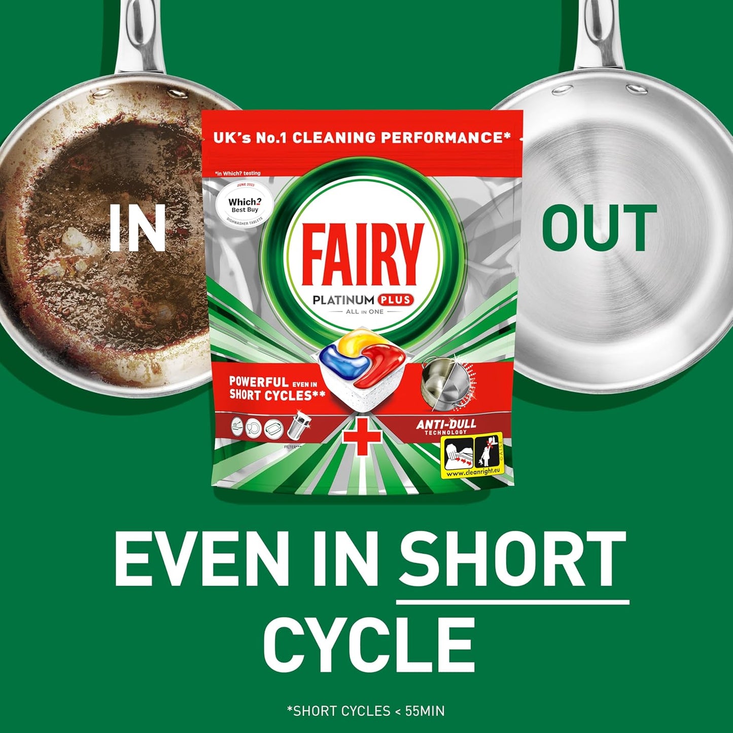 Fairy Platinum Plus All-in-1 Dishwasher Tablets, 125 Pack, Lemon. With anti-dull tech & rinse aid action for a deep clean. Effective in short cycles for sparkling dishes.