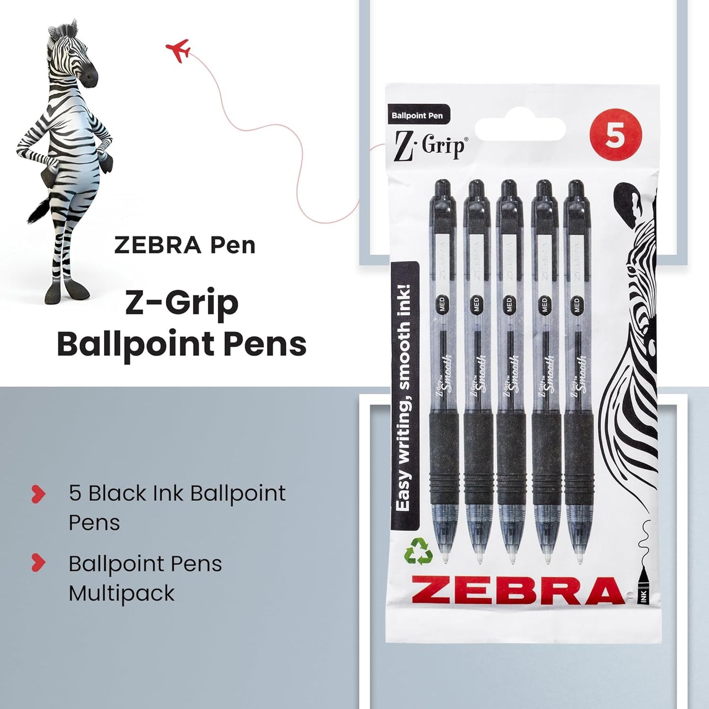 Zebra Pen Z Grip Black Ballpoint, Smooth & Comfortable Pens With Pocket Clip, Retractable Ballpoint, Reliable Black Biro Pens Multipack For Everyday Use - Black Ink, Medium Point