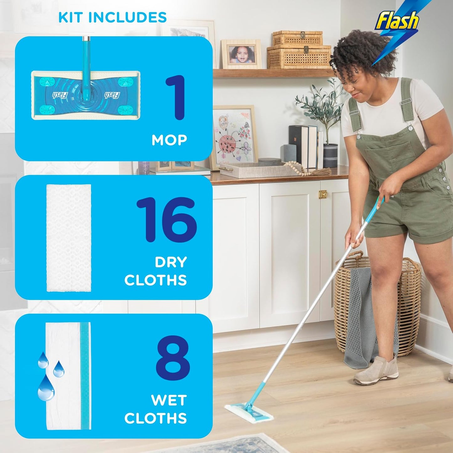 Flash Speedmop Floor Cleaner, Value Starter Kit, Cleans 3X More Floor Area*. (1 Handle, 8 Wet & 16 Dry Refills), Trap & Lock Daily Dirt, Grease & Grime Without Getting Down On Your Knees