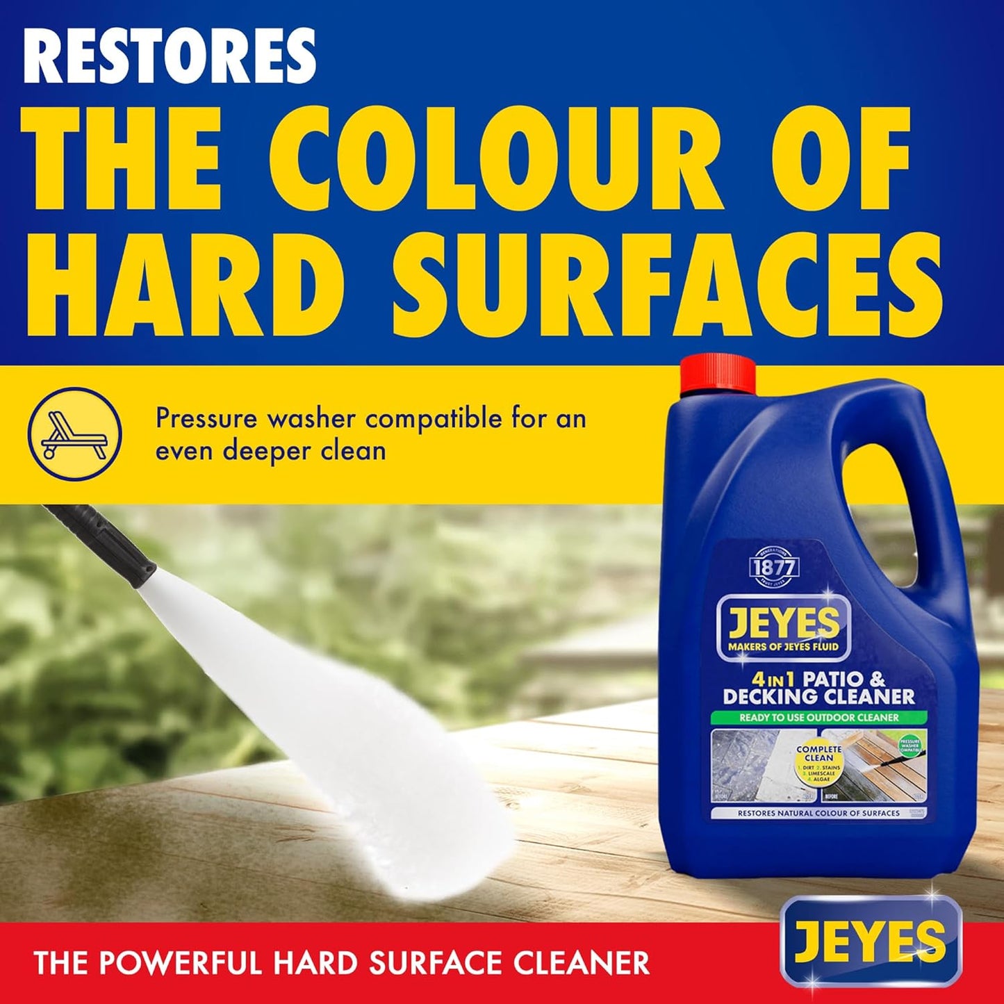 Jeyes 4 In 1 Patio & Decking Cleaner (4 Litre). Patio Cleaner Fluid for Paths, Drives, Decking & Fencing - Outdoor Disinfectant Liquid or Pressure Washer Detergent - Tackles Dirt, Algae & Stains