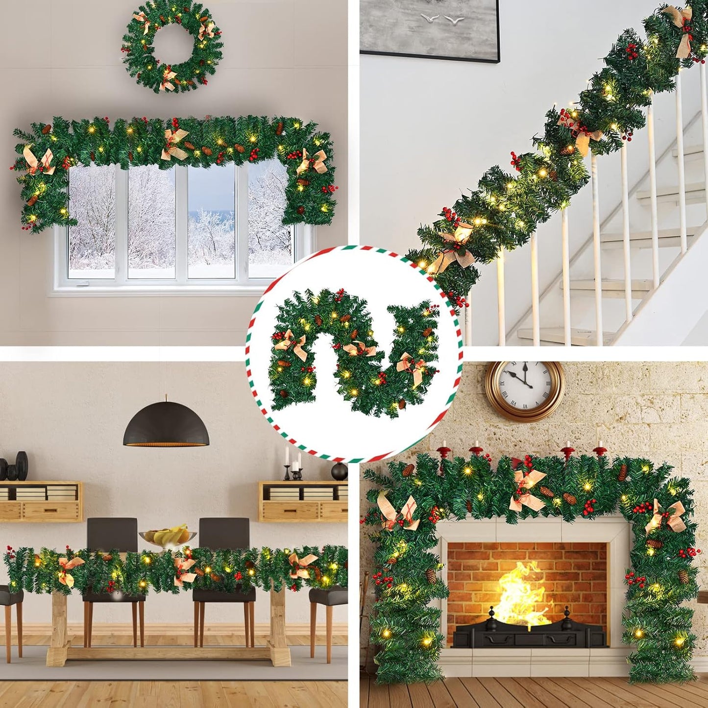 1.8M/6FT Christmas Garland with Lights, Christmas Garlands for Fireplace Stairs Artificial Wreath with 50 LED Lights and Bow Pine Cones Berries for Xmas Tree Front Door Home Holiday Decor