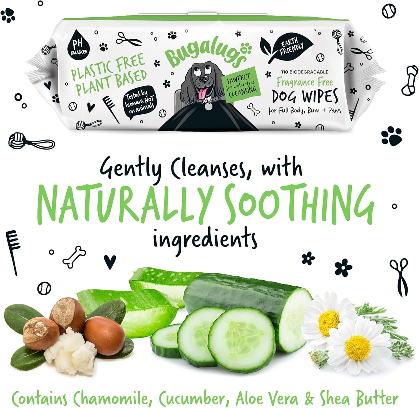 BUGALUGS Dog Wipes, 100% Plastic Free Biodegradable pet wipes for full body, eye wipes, ear wipes, bum & paws. 110 sensitive dog grooming wipes for dogs, puppy & cat grooming (Fragrance Free)