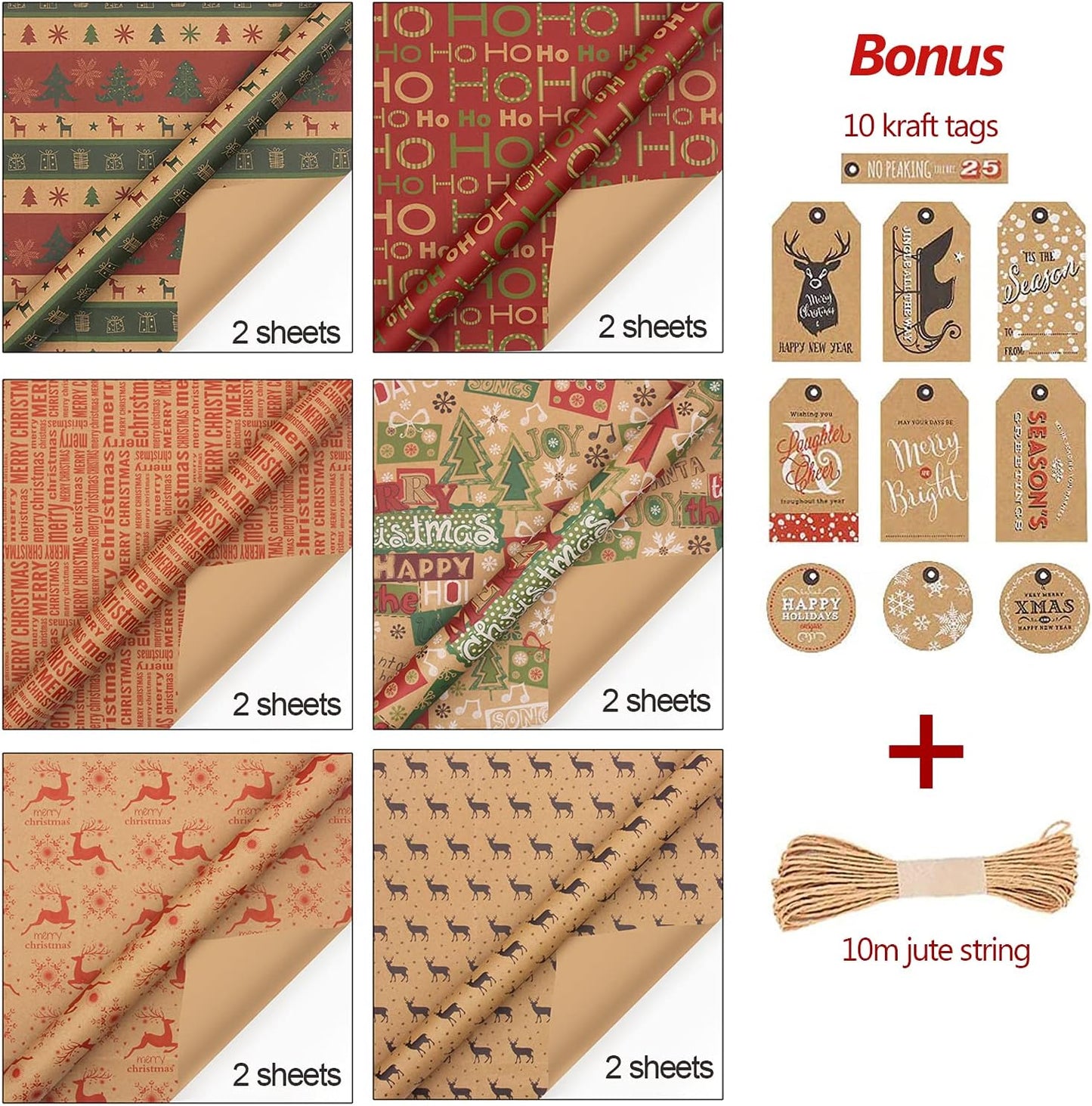 Christmas Wrapping Paper Set β 12 Folded Sheets 70x50cm Recycled Kraft Gift Wrap with 6 Vintage Designs, Includes 10m Jute String & 10 Gift Tags β Eco-Friendly Recyclable Xmas Paper