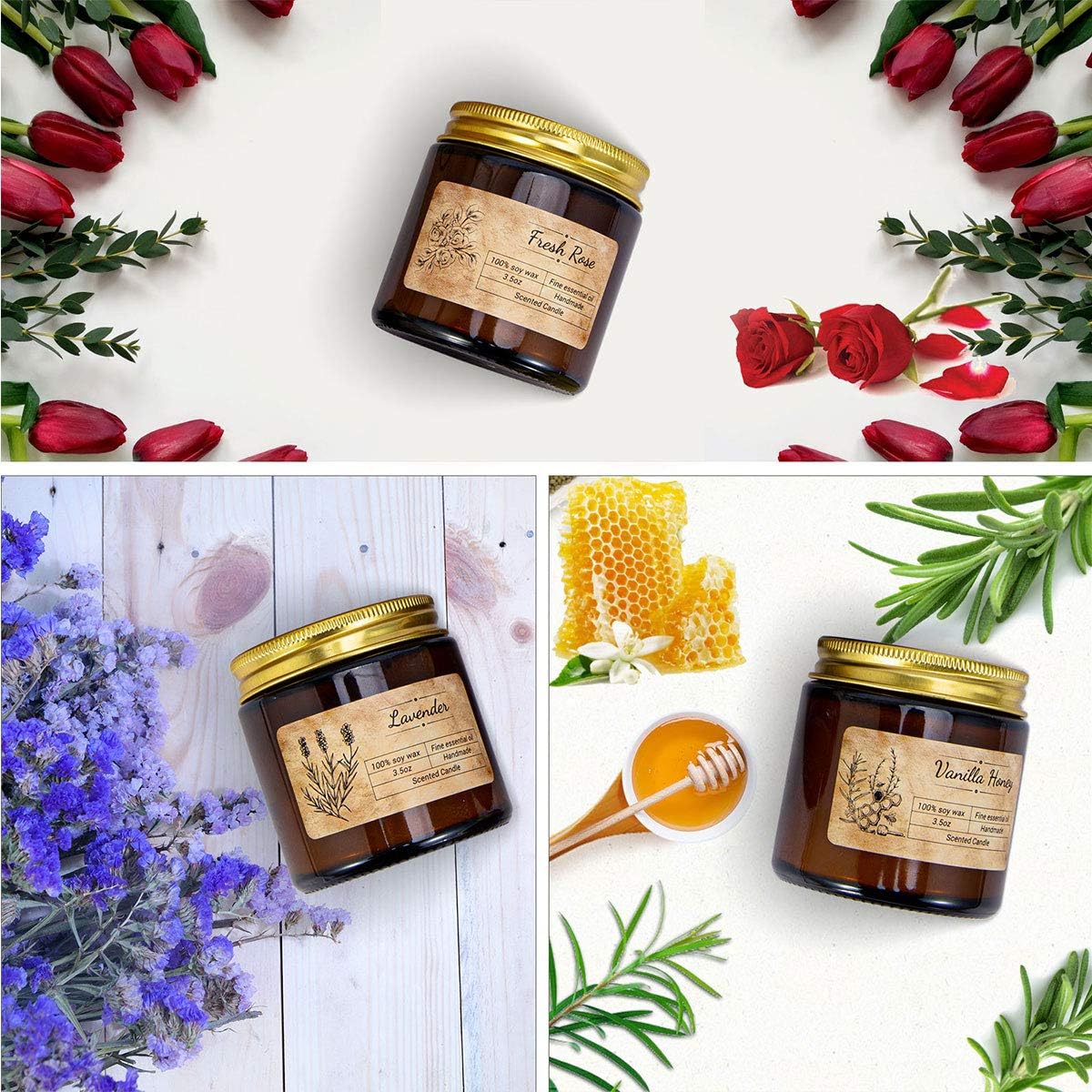 IDEALHOUSE Scented Candles Gift Set, Soy Wax Candles of Vanilla Honey, Fresh Rose, and Lavender, Perfect Candles Gifts Set for Women, Birthdays, Weddings, Christmas, Yoga, Bath