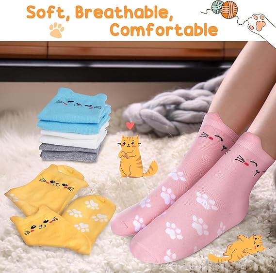 Christmas Gifts for Women Stocking Fillers: 5 Pairs Cotton Cat Socks Womens 4-7, Funny Novelty Animal Warm Socks Lovers Cat Secret Santa Present Christmas Xmas Gifts for Women Her Mum Teenage Girls