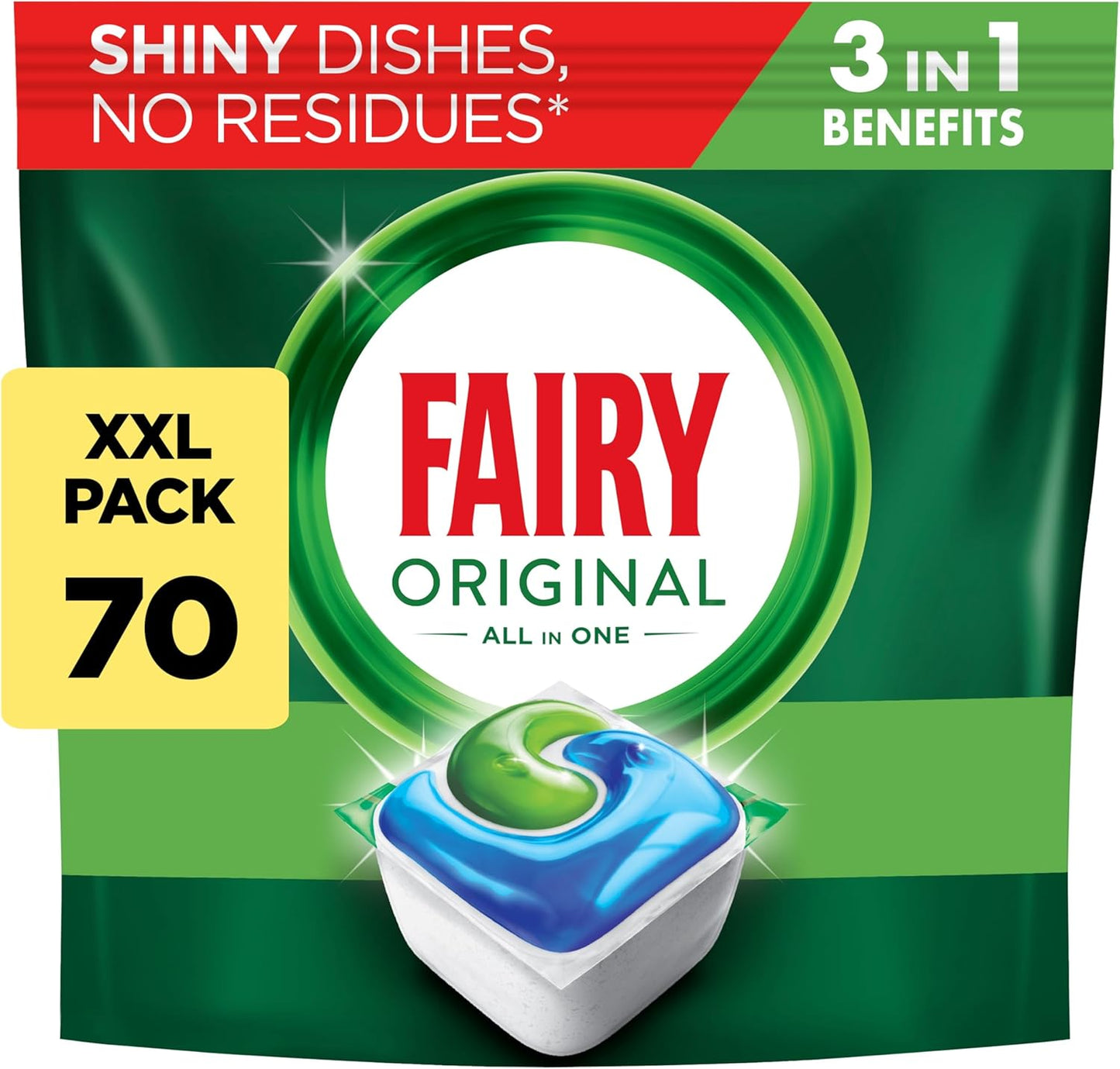 Fairy All-In-1 Original Dishwasher Tablets Bulk 70 Tablets, Effective Even On Dried-On Grease