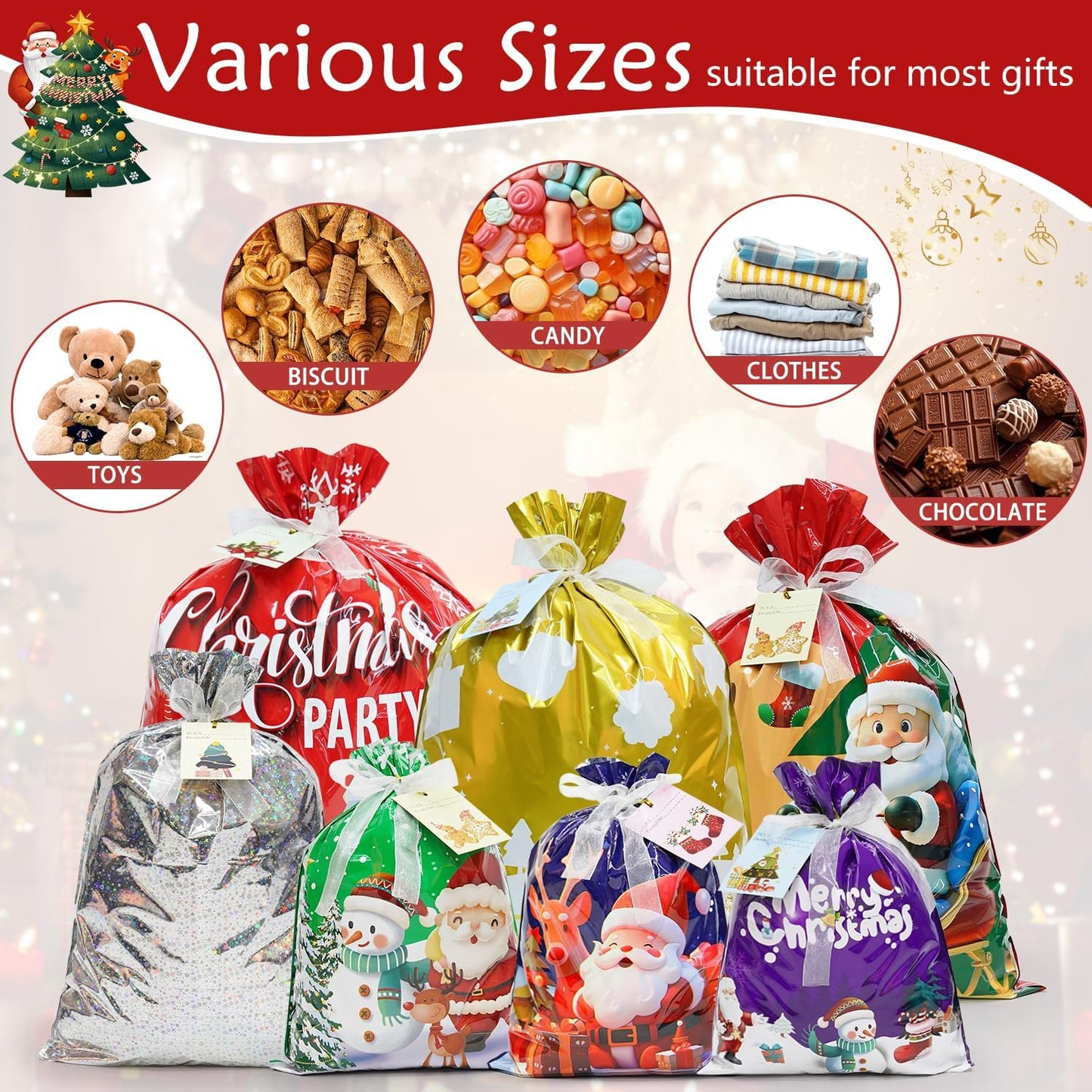 Koncci 30 Pcs Christmas Wrapping Gift Bags, 14 Designs Ribbon Xmas Gift Bags, 4 Sizes Christmas Bags with 30 Pcs Xmas Greeting Cards for Presents, Party, Holiday, Birthday