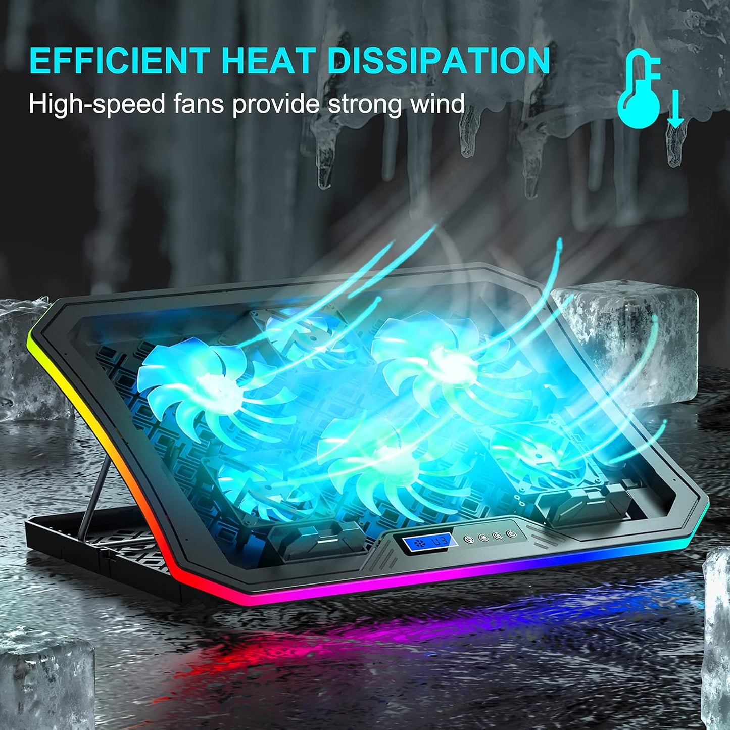 TopMate C12 Laptop Cooling Pad RGB Gaming Notebook Cooler for Desk and Lap Use, Laptop Fan Stand 8 Adjustable Heights with 6 Quiet Fans and Phone Holder, for 15.6-17.3 Inch Laptops -Ice Blue LED Light