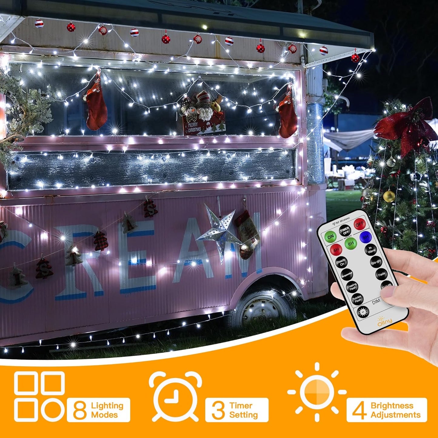 Ollny 20m 200 LED Fairy Lights Mains Powered, Outdoor Waterproof String Light with Remote/Plug/Modes/Timer, Bright Cool White Lighting Outside Indoor Garden Tree Party Wedding Decorations