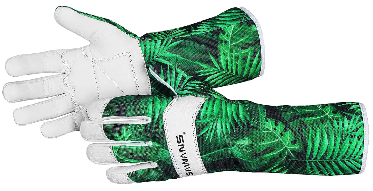 Leather Gardening Gloves Ladies Men/Women Short & Long Forearm Protection Thorn Proof Breathable Spandex Goatskin Leather Rose Pruning Garden Safety Work Gloves, Best Garden Gifts (Long Gloves, L)