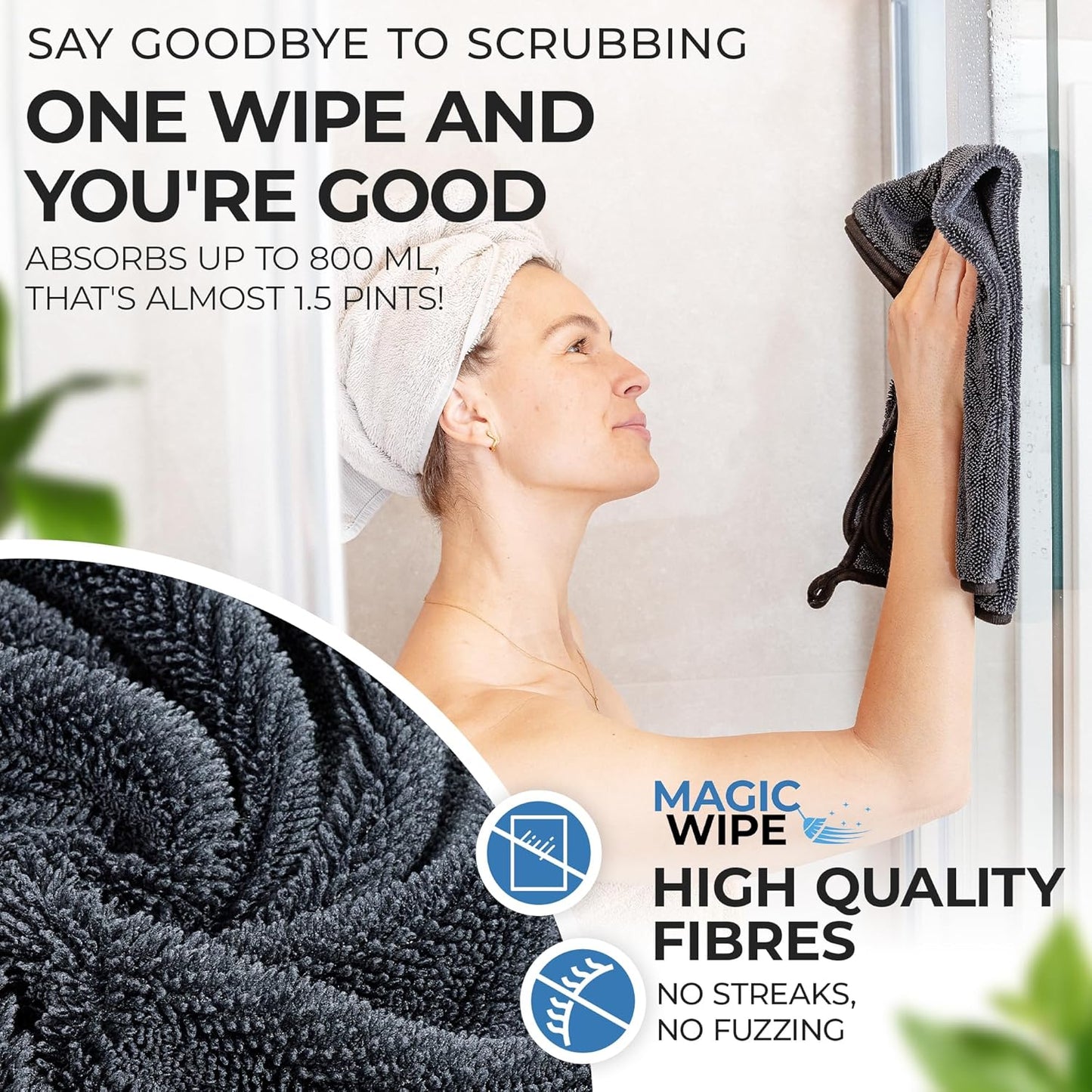 MAGIC WIPE® Bathroom Drying Cloth XXL - 2 Pack 40 x 60 cm Original All Purpose Microfibre Cleaning Cloth - Streak & Lint Free Cloth, Premium Quality Drying Towel for Bathrooms, Kitchen, Mirrors, Car