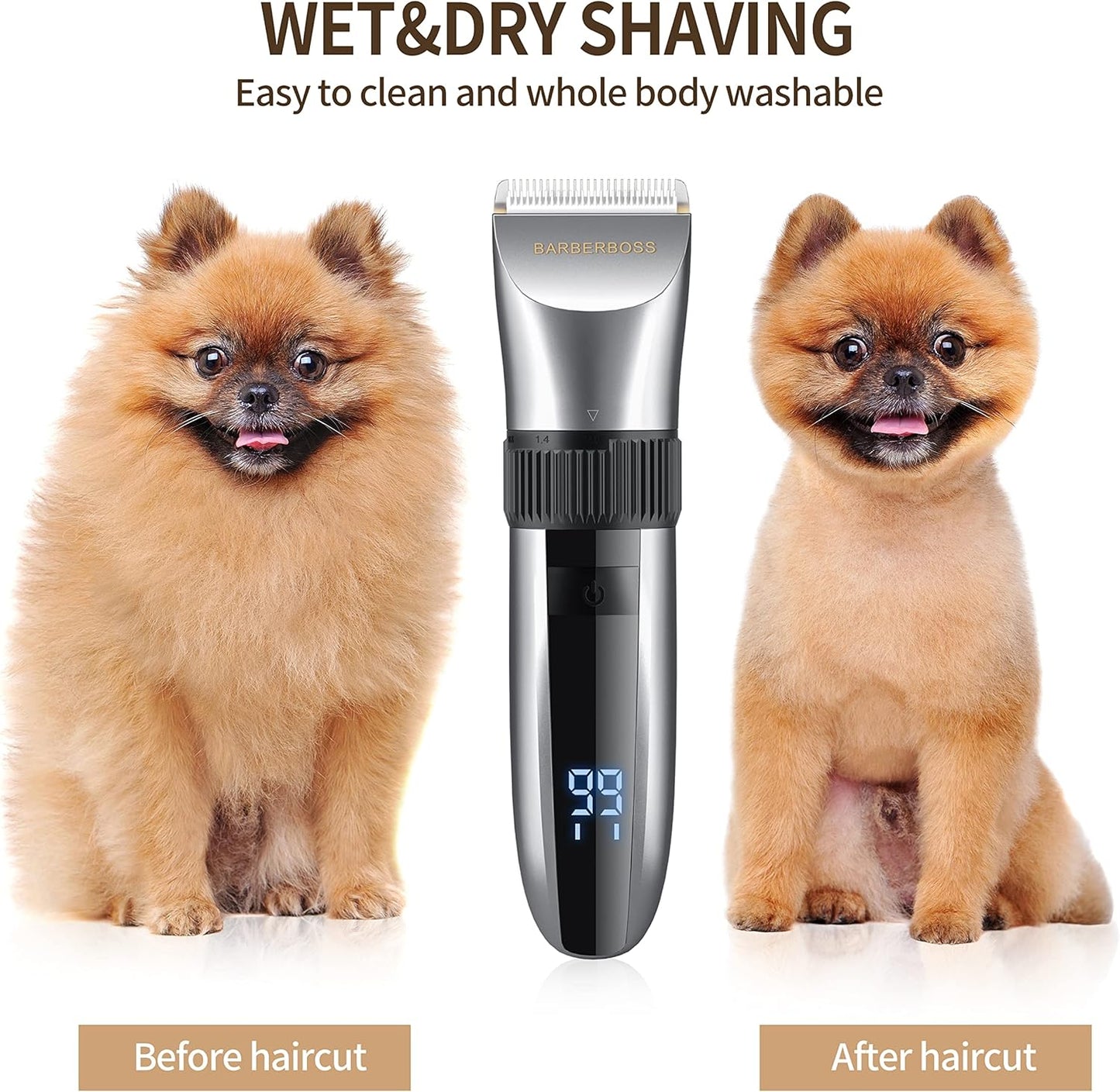 BarberBoss Cordless Pet Grooming Clipper – Waterproof with Ceramic Blades, LED Display & Fast Charging | Electric Hair Trimmer for Dogs & Cats – Model QR-9082