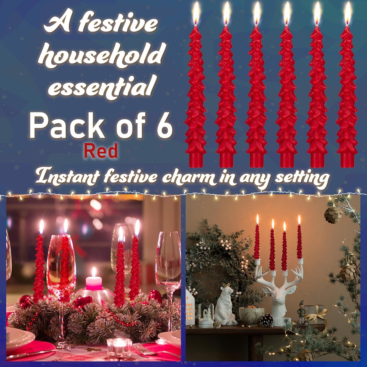 Deco Express Christmas Tree Candles Set of 3 or 6, Dinner Candles 7 Hr Burn, Table Centrepiece Festive Decor Xmas Holiday, Gift Set Home Decoration (Red, 6 Pcs)