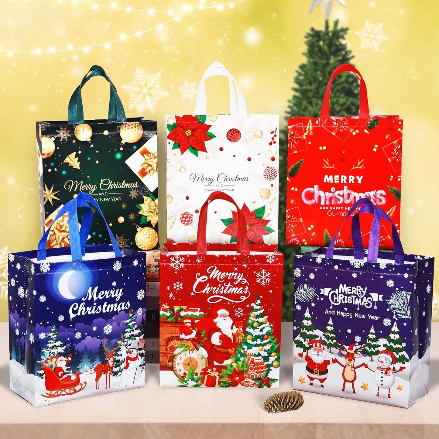 Large Christmas Tote Bags with Handle, 6 Pack Reusable Xmas Grocery Carrier Gift Bags,Waterproof Shopping for Christmas Presents Party Holiday Decoration Lovely Design