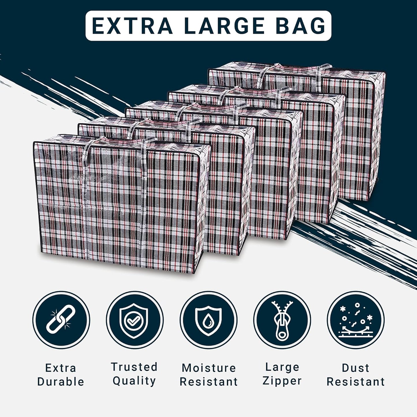 Zuvo Large Laundry Bags with Zip (5-Pack) - Waterproof, Durable, Reusable Storage Solution for Packing, Better than Moving Boxes, 60x50x25 cm