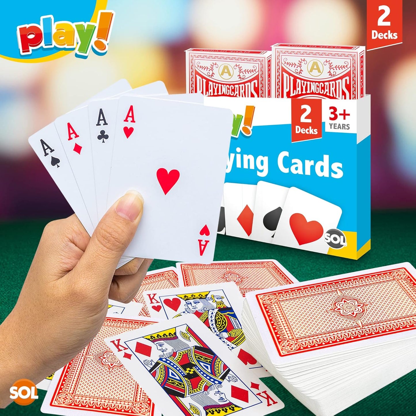 SOL 2pk Playing Cards, Standard UK Deck for Kids or Adults, Plastic Play Multi pack, Waterproof Poker Gift Set, Premium, Lightweight, Cool Design for Fun Game Nights, Travel and Entertainment