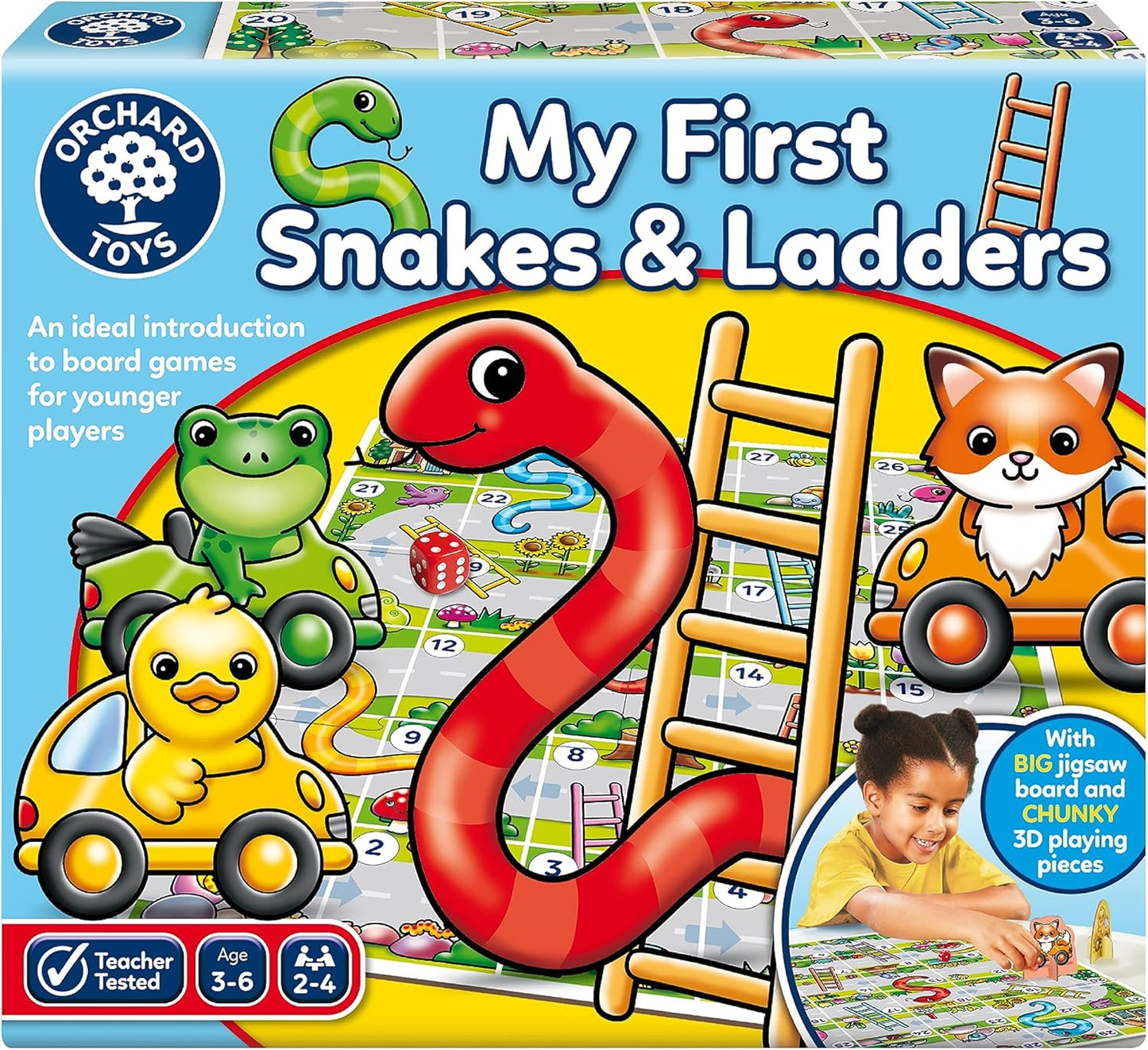 Orchard Toys My First Snakes & Ladders Game for Kids - Large Toddler Games w/Giant Colourful 3D Playing Pieces - Children's and Kids Board Games Age 3-6 Years - For 2-4 Players