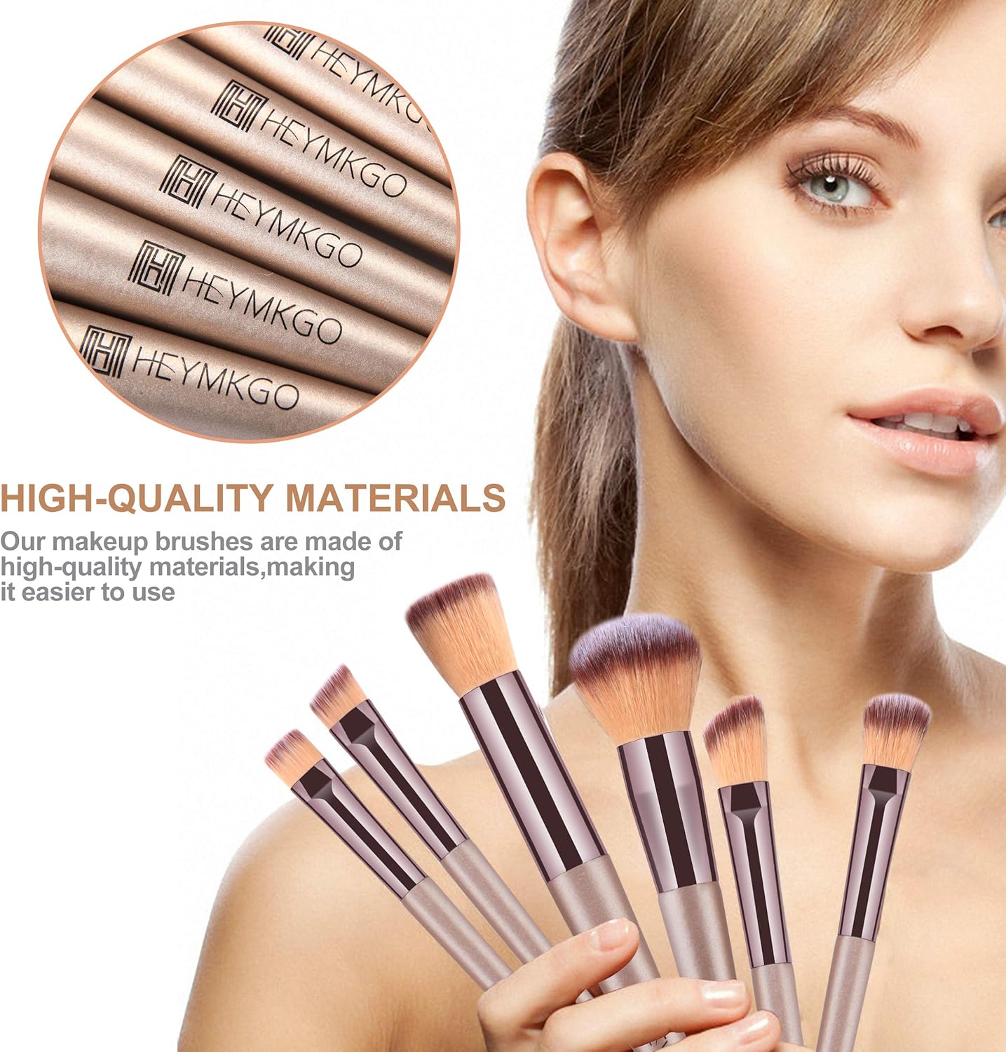 HEYMKGO Makeup Brushes, 15 Pcs Make Up Brushes Set Professional Champagne Gold Makeup Brush Pack, Foundation Blending Powder Blush Concealers Eyeshadow Eyeliner Make-up Brush Kits with Cosmetics Bag