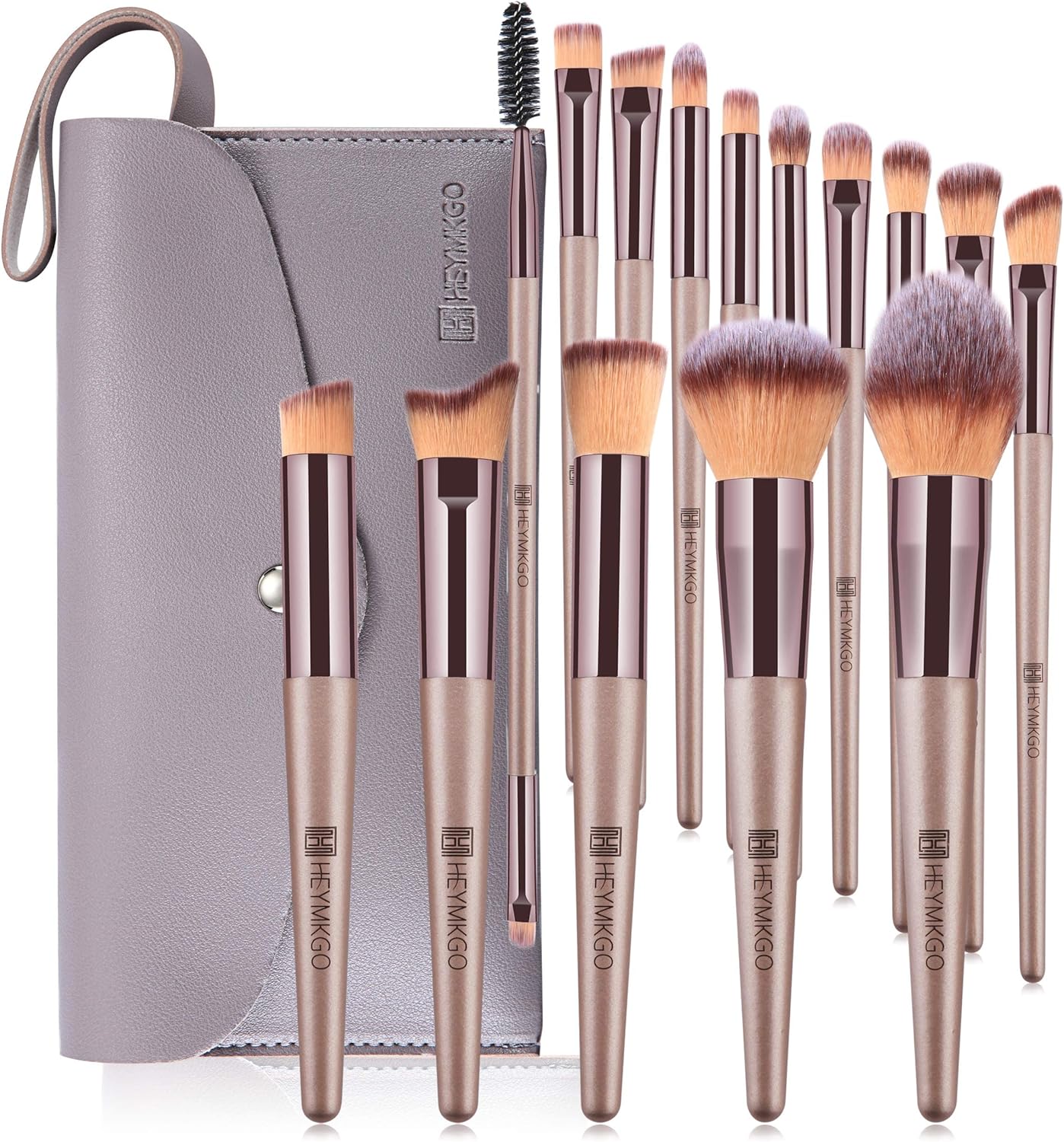 HEYMKGO Makeup Brushes, 15 Pcs Make Up Brushes Set Professional Champagne Gold Makeup Brush Pack, Foundation Blending Powder Blush Concealers Eyeshadow Eyeliner Make-up Brush Kits with Cosmetics Bag