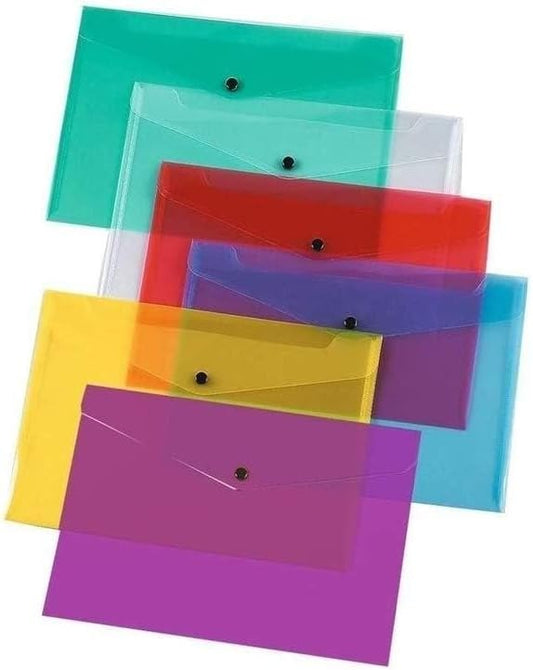 5 Assorted Color A4 Popper Wallets - Clear Plastic Paper Wallets for Document Storage and Office Organization Supplies - Lightweight Transparent Folders with Snap Closure