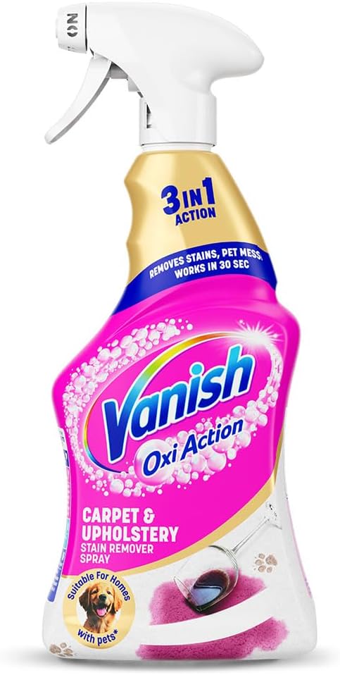 Vanish Professional Oxi Action Carpet & Upholstery Stain Remover Spray, 1L, Removes Stains, Pet Messes, Works in 30 Seconds, Removes Strong Odours, Suitable for Homes with Pets, Bleach Free