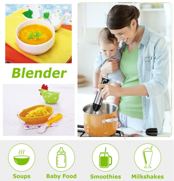 Bonsenkitchen Stainless Steel Hand Blender, 4-in-1 Stick Blender 1000W, 20 Speed Adjustable, with Whisk, 500ml Chopper and 700ml Measuring Cup, Food Processor
