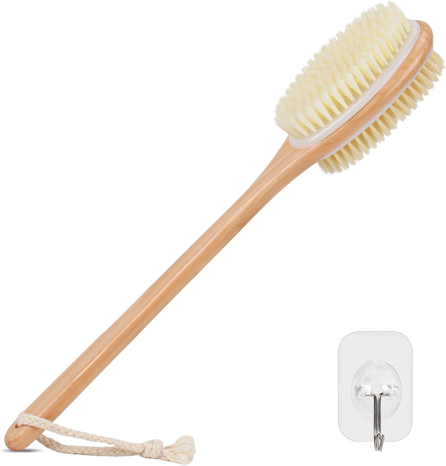 Alyvisun Wooden Back Scrubber for Shower with Long Handle, Dual-Sided Bath Brush Body Scrubber with Stiff and Soft Bristles, Exfoliating Body Brush [Dry and Wet Brushing]