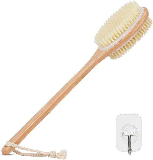 Alyvisun Wooden Back Scrubber for Shower with Long Handle, Dual-Sided Bath Brush Body Scrubber with Stiff and Soft Bristles, Exfoliating Body Brush [Dry and Wet Brushing]