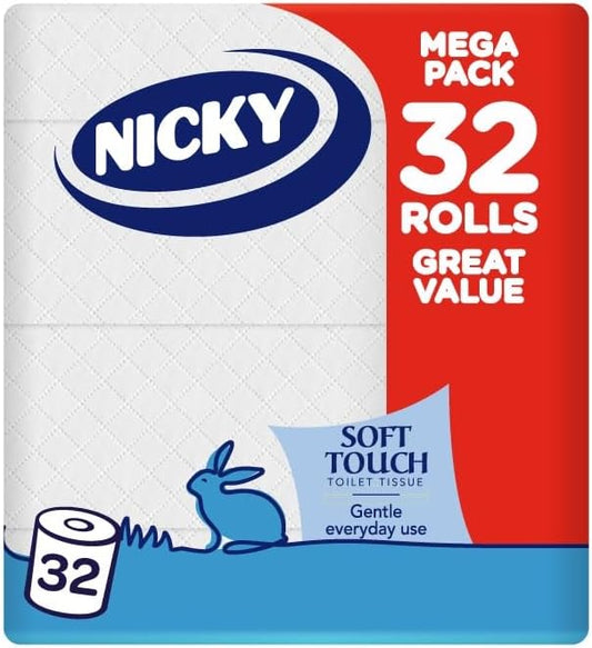 Nicky Soft Touch Toilet Tissue |Extra Value Pack – 32 Rolls of Extra Gentle White Toilet Paper |190 Sheets per Roll| 2-ply | Soft Tissue | Modern Embossing |Easy Opening | 100% FSC Certified Paper