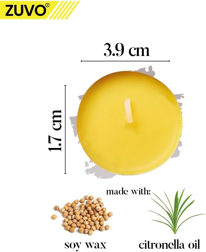 Zuvo Citronella Tealights - Pack of 25, 4-Hour Burn Scented Candles for Indoor & Outdoor Use, Insect-Repellent Tea Lights for Patio, Garden & Home, Yellow [Energy Class A++]