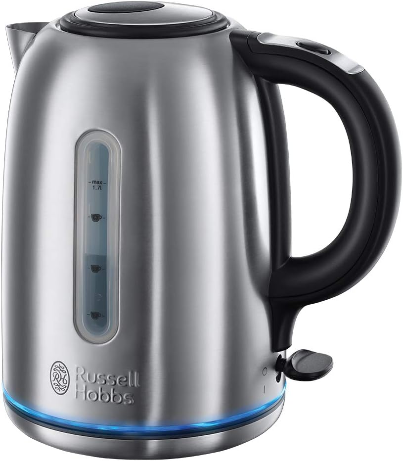 Russell Hobbs Brushed Stainless Steel Electric 1.7L Cordless Kettle (Quiet & Fast Boil 3KW, Removable washable anti-scale filter, Push button lid, Perfect pour spout)