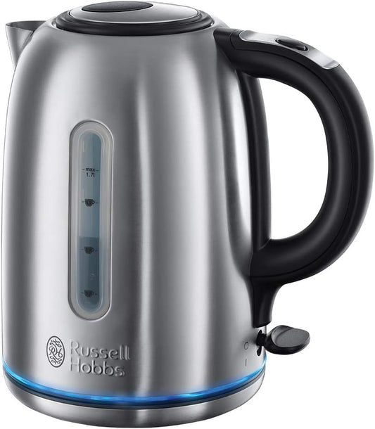 Russell Hobbs Brushed Stainless Steel Electric 1.7L Cordless Kettle (Quiet & Fast Boil 3KW, Removable washable anti-scale filter, Push button lid, Perfect pour spout)