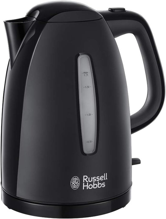 Russell Hobbs Textures Electric 1.7L Cordless Kettle (Fast Boil 3KW, Black premium plastic, matt & high gloss finish, Removable washable anti-scale filter, Push to open lid, Perfect pour spout)
