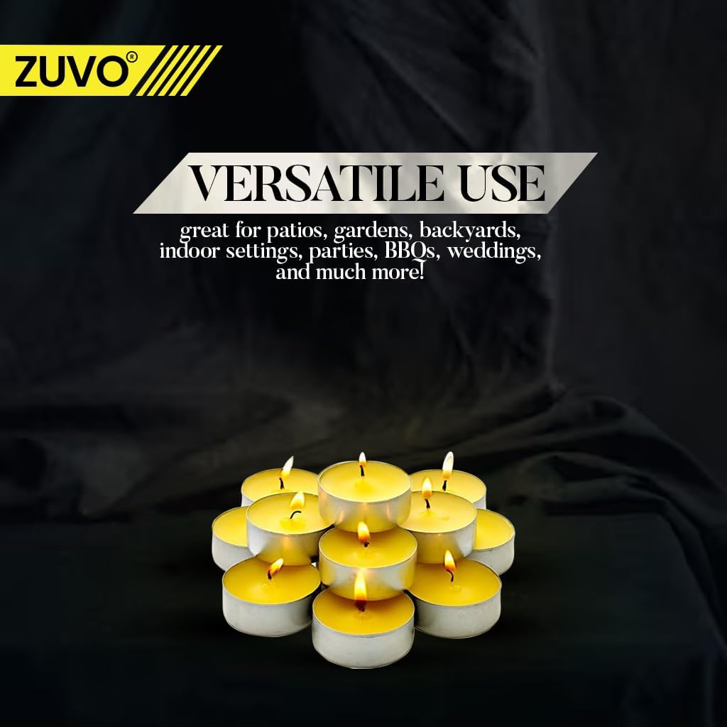 Zuvo Citronella Tealights - Pack of 25, 4-Hour Burn Scented Candles for Indoor & Outdoor Use, Insect-Repellent Tea Lights for Patio, Garden & Home, Yellow [Energy Class A++]