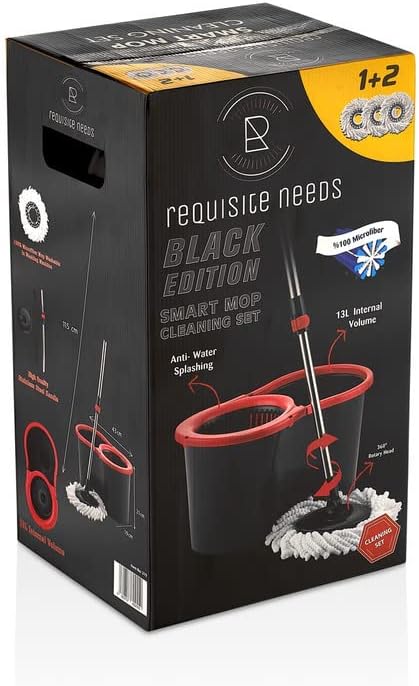 Requisite Needs Smart mop cleaning set – Black edition – Anti-splashing Strong And Sturdy Material – Easy Floor Moping System – 1x Bucket + 3 Replacement Mop Heads – 13 Liter (Mop + Bucket)