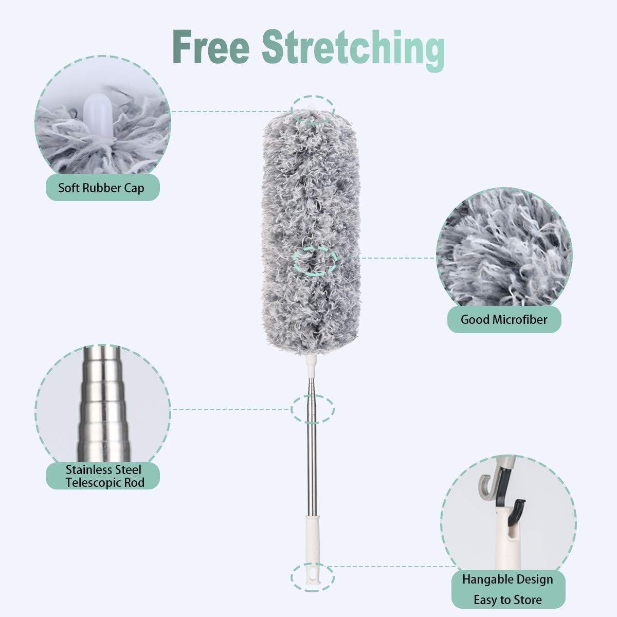 Vicloon Extendable Microfiber Duster, Feather Duster with Extra Long 96 inches Telescopic Pole and Bendable Head,Washable,Hand Duster for Cleaning High Ceiling Fans, Cars, Blinds, Cobweb (Grey)