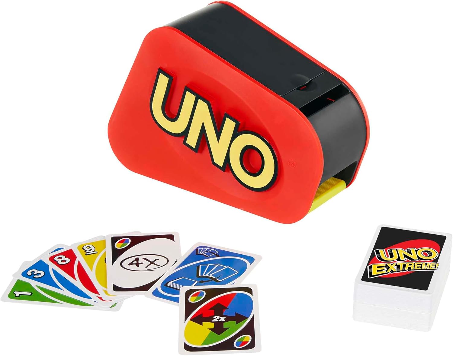 UNO Extreme Card Game Featuring Random-Action Launcher with Lights & Sounds & 112 Cards, Kid, Teen & Adult Game Night Gift Ages 7 Years & Older, GXY75