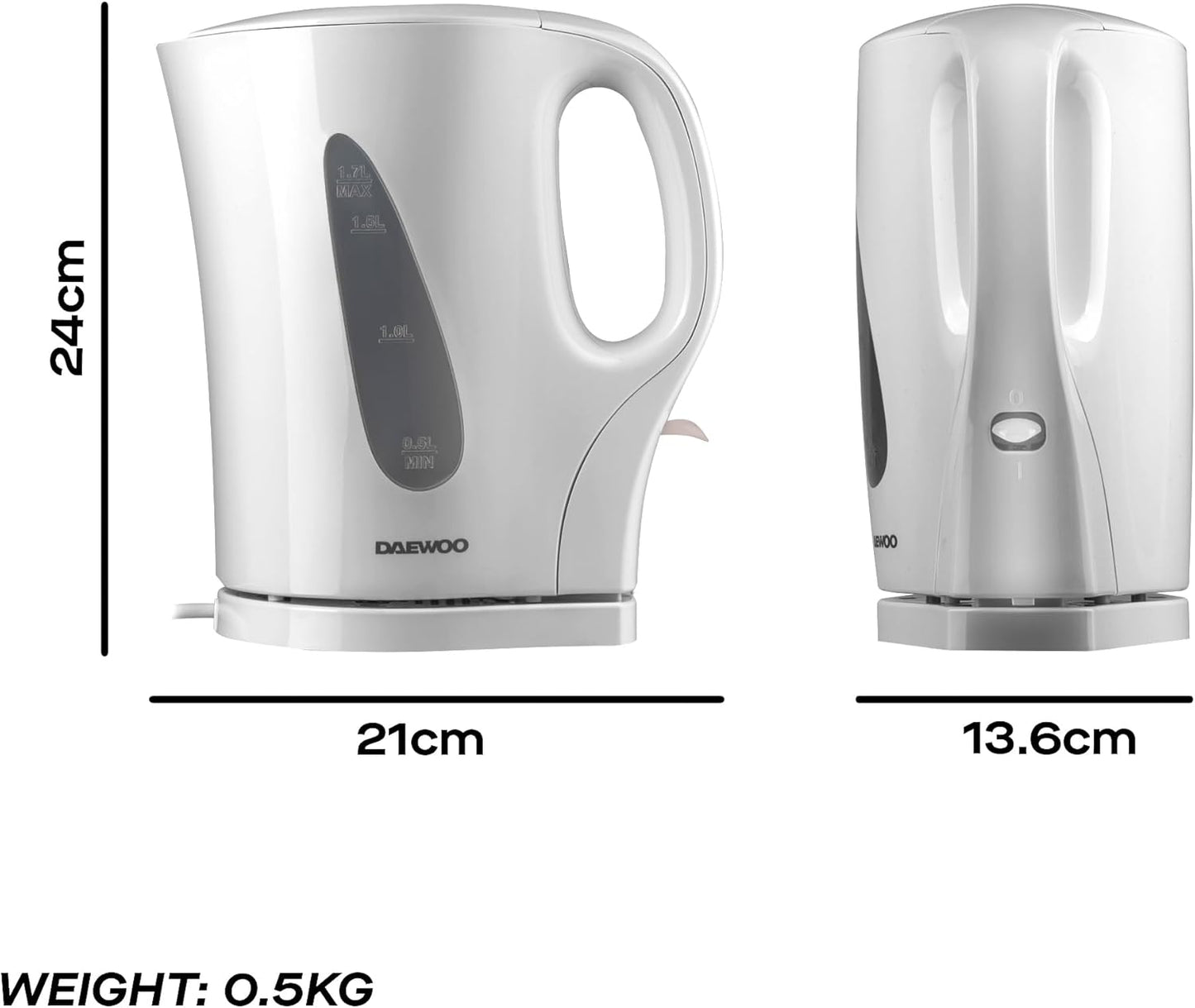 Daewoo Essentials 1.7L Fast Boil Electric Kettle – White Plastic Cordless Jug with Auto Shut-Off & Boil-Dry Protection, Compact, Easy to Use & Clean