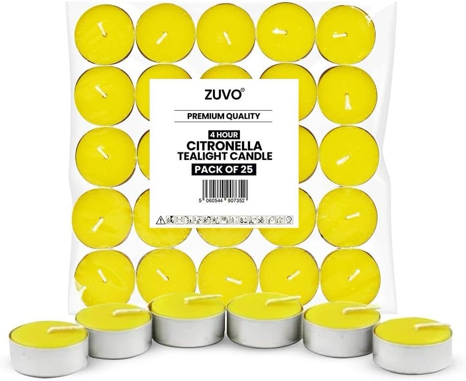 Zuvo Citronella Tealights - Pack of 25, 4-Hour Burn Scented Candles for Indoor & Outdoor Use, Insect-Repellent Tea Lights for Patio, Garden & Home, Yellow [Energy Class A++]