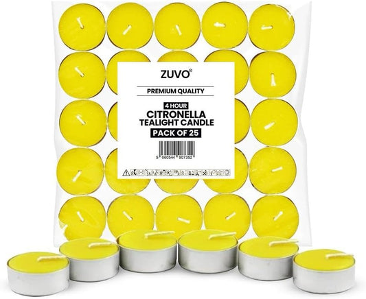 Zuvo Citronella Tealights - Pack of 25, 4-Hour Burn Scented Candles for Indoor & Outdoor Use, Insect-Repellent Tea Lights for Patio, Garden & Home, Yellow [Energy Class A++]