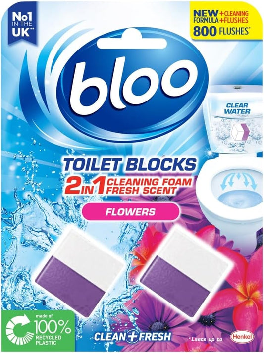 New Bloo Toilet Blocks, Pack of 2, Limescale Remover Cistern, Cleaner with Cleaning and Foaming Action, Fresheners – Fresh Flowers