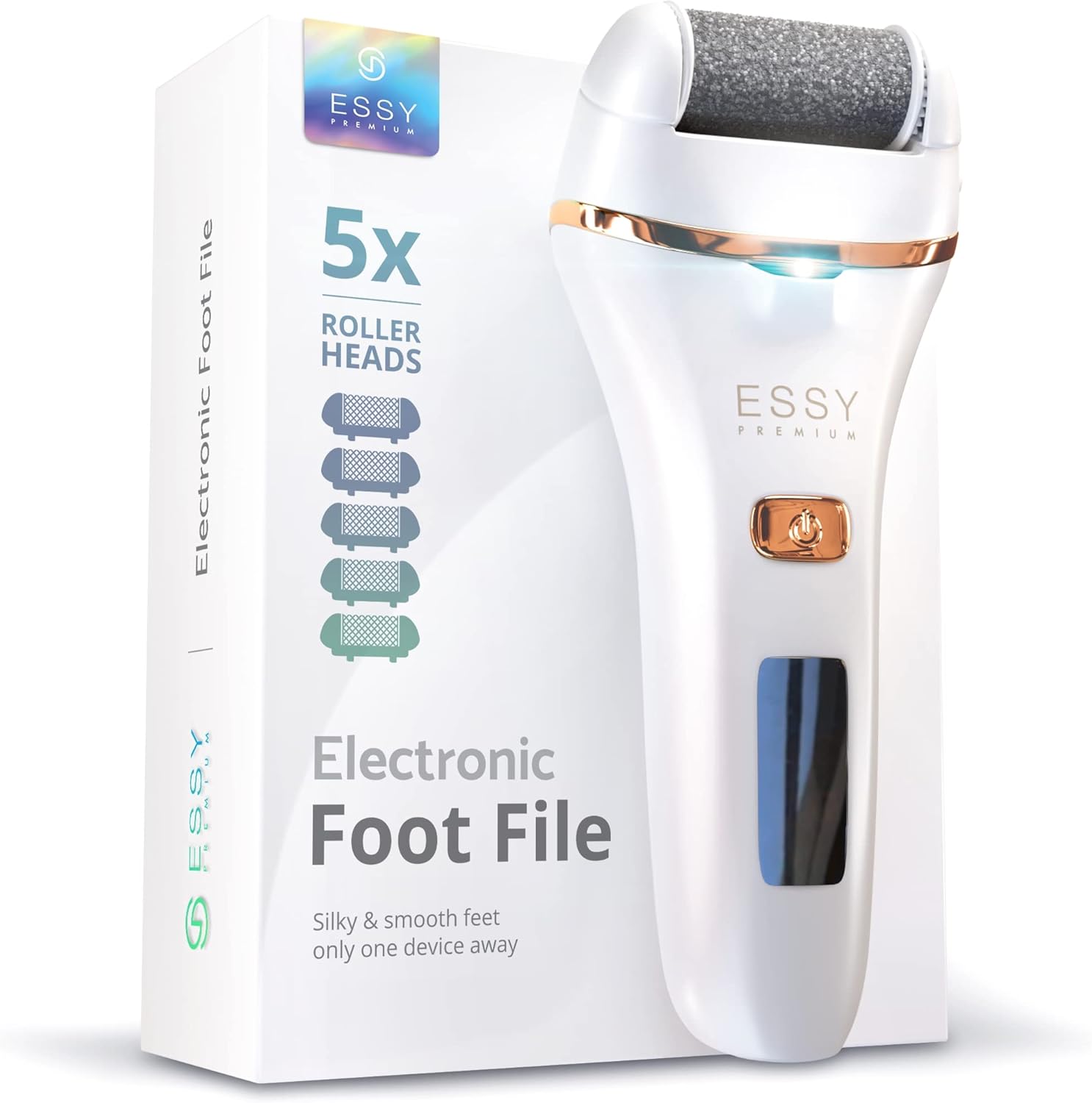Essy Electric Foot File with 5 Replacement Rollers – Pedicure Tool for Smooth Feet, Ideal for Dry and Rough Skin Care (White)